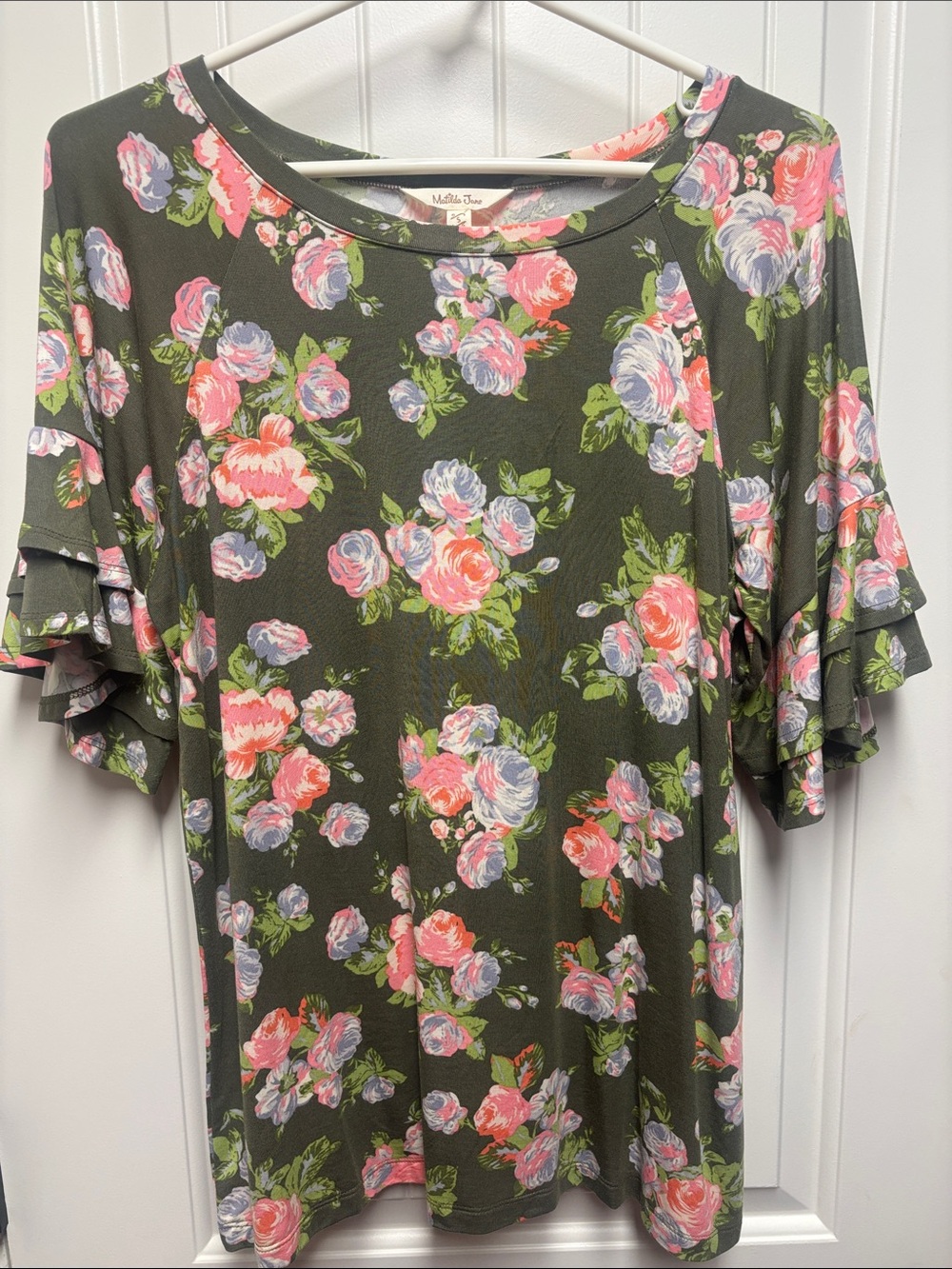Matilda Jane Olive Floral Ruffle Sleeve Tunic - Pink & Lavender Roses size s